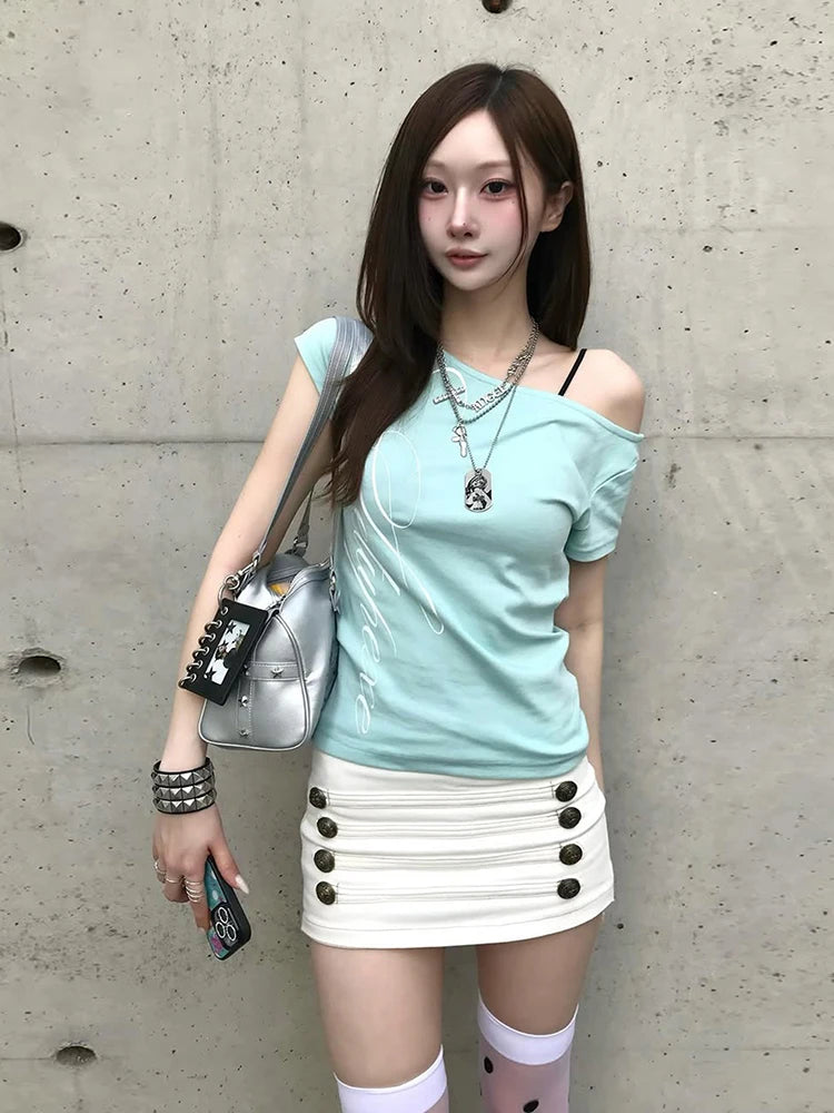 Nibber Leisure Comfortable Patchwork Lace t-Shirt Women Skew Collar Letter Print Skinny High Elasticity High Street Clubwear