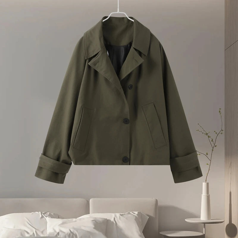 Vintage Single Breasted Women 's Treach Coats Loose Hooded Pockets Full Sleeve Short Jacket Female 2025 Autumn New Lady Outwears