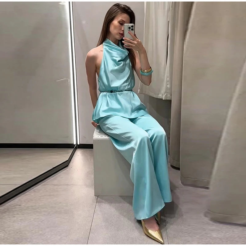 Turquoise Satin Cowl Neck Halter Top And Wide Leg Pants 2 Piece Set For Women