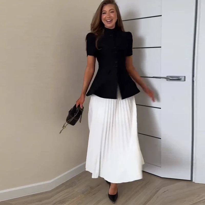 Chic Two Piece Blazer and Pleated Skirt Set for Women