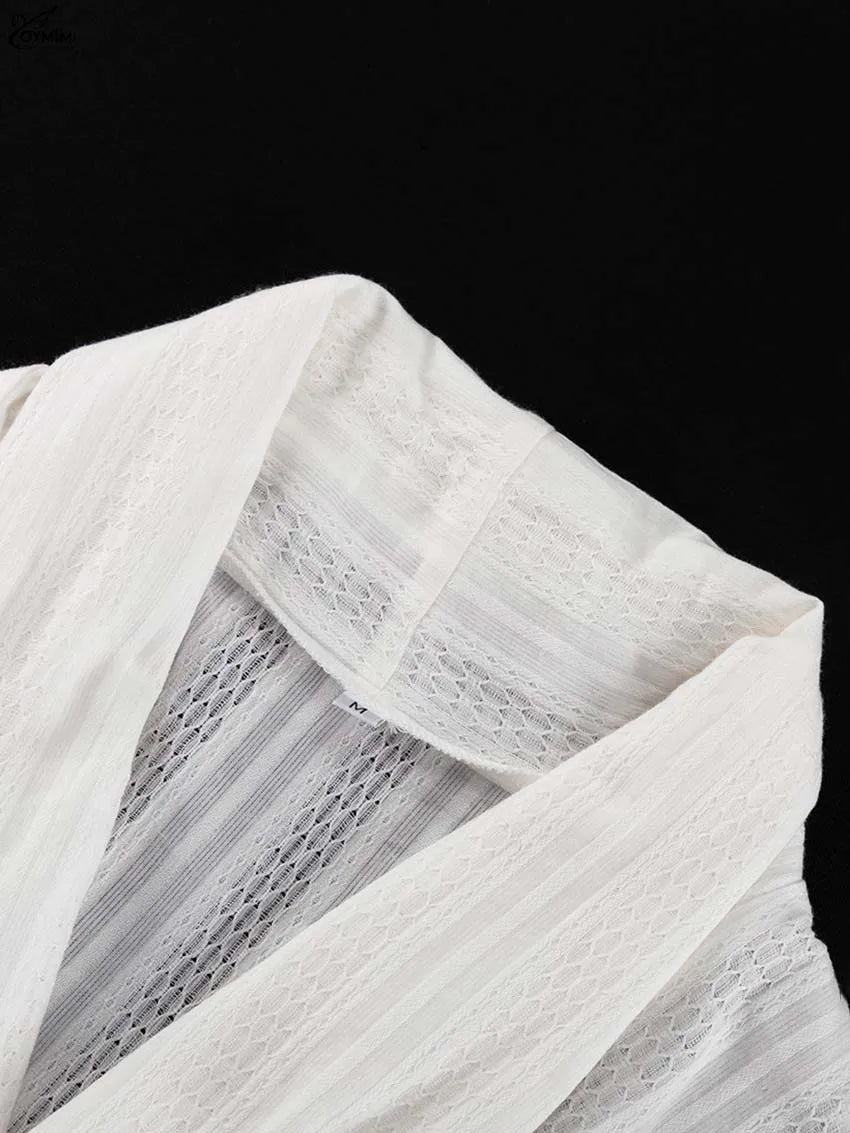 Oymimi Fashion White Cotton Women's Two Pieces Set Elegant Puff Sleeve Loose Lace-Up Shirts And High Waisted Shorts Female Sets