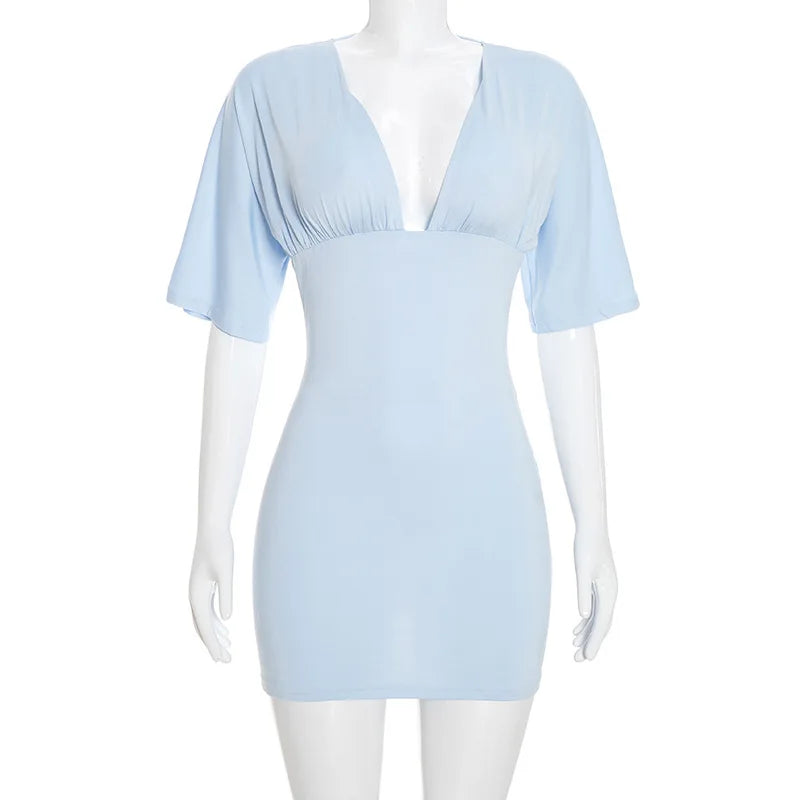 Blue V-Neck Short Sleeve Stretch Mini Dress for Women