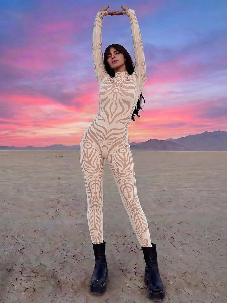 Striped Stretch Turtleneck Long Sleeve Jumpsuit for Women