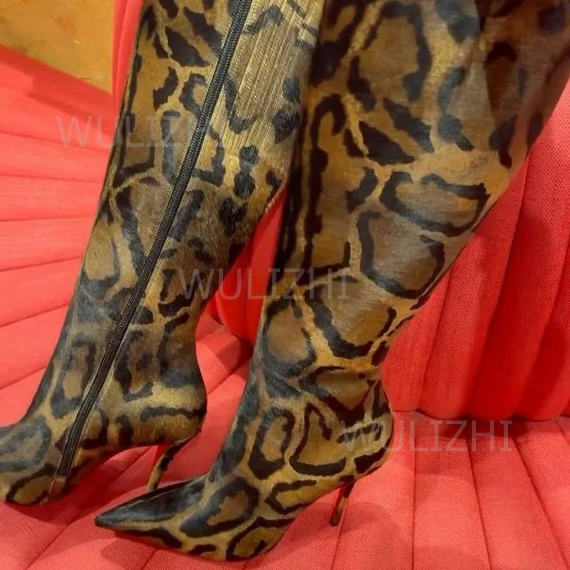 Leopard Print Faux Fur Knee High Stiletto Boots for Women