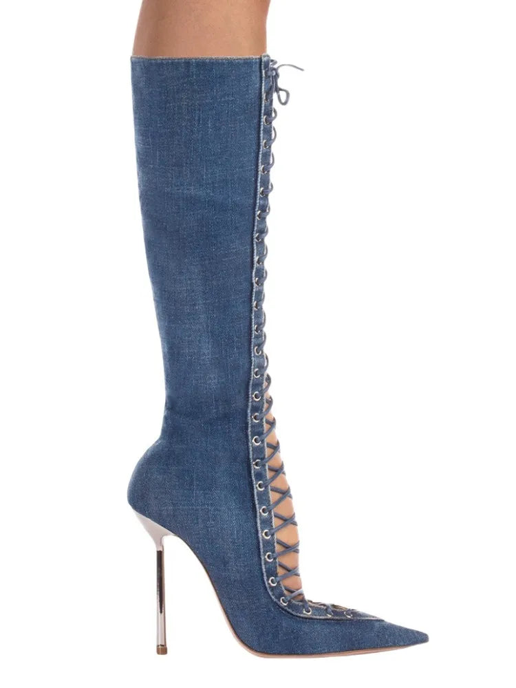 Lace Up Knee High Heeled Boots With Side Zipper for Women