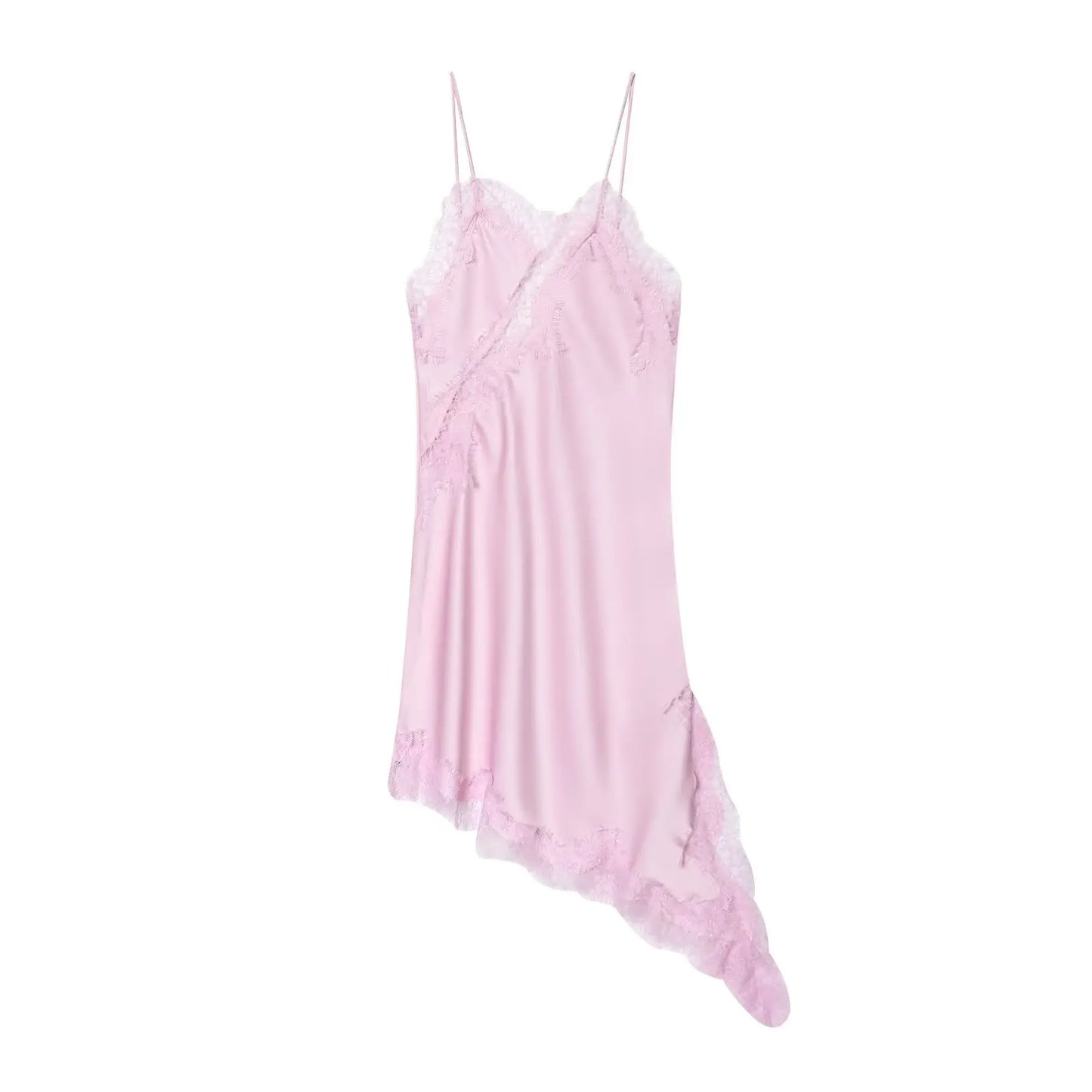 Brown Satin Lace Splicing Sling Dress Women Elegant Irregular Hem V Neck Backless Sleeveless Gown Chic Women Party Club Vestidos