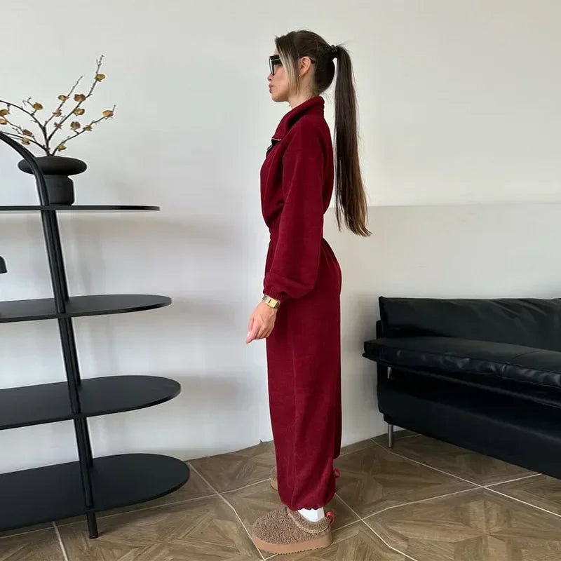 Casual Brown Stand Collar Long Sleeve Jumpsuit for Women