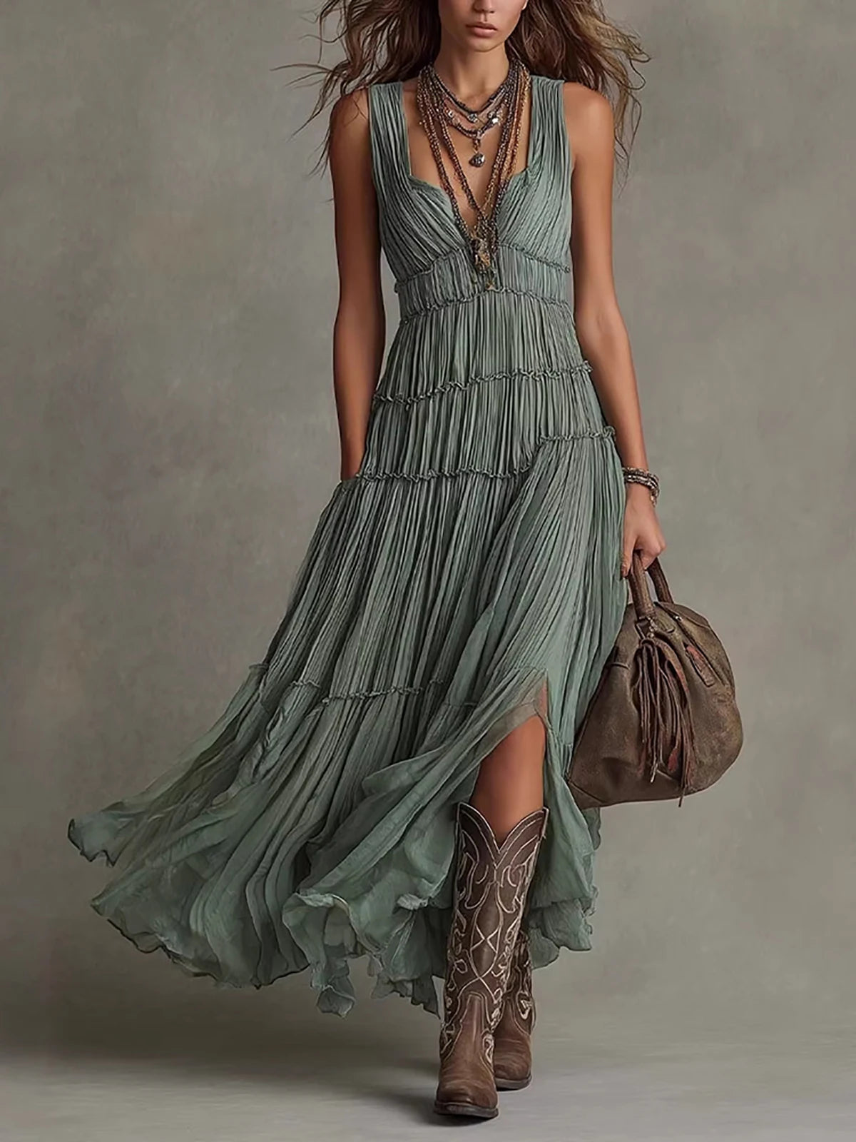 Elegant Boho Tiered V Neck Flowy Maxi Dress for Women