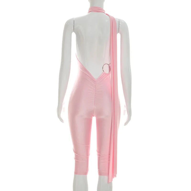 Sexy Ruched Backless Halter Bandage Jumpsuit for Women
