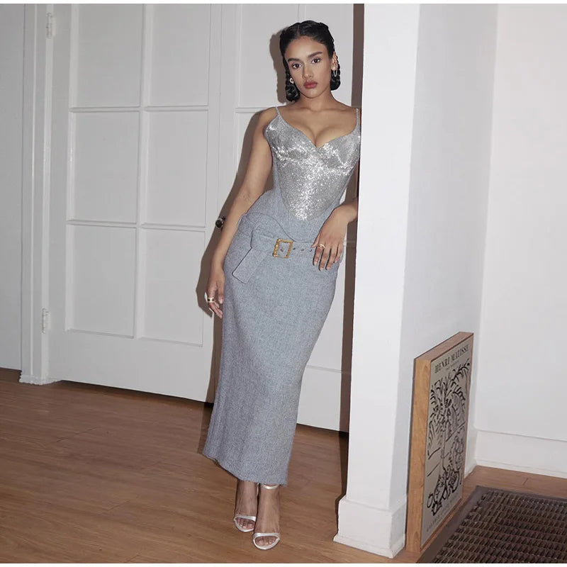 Glitter Strapless Corset and Matching Skirt Set for Women