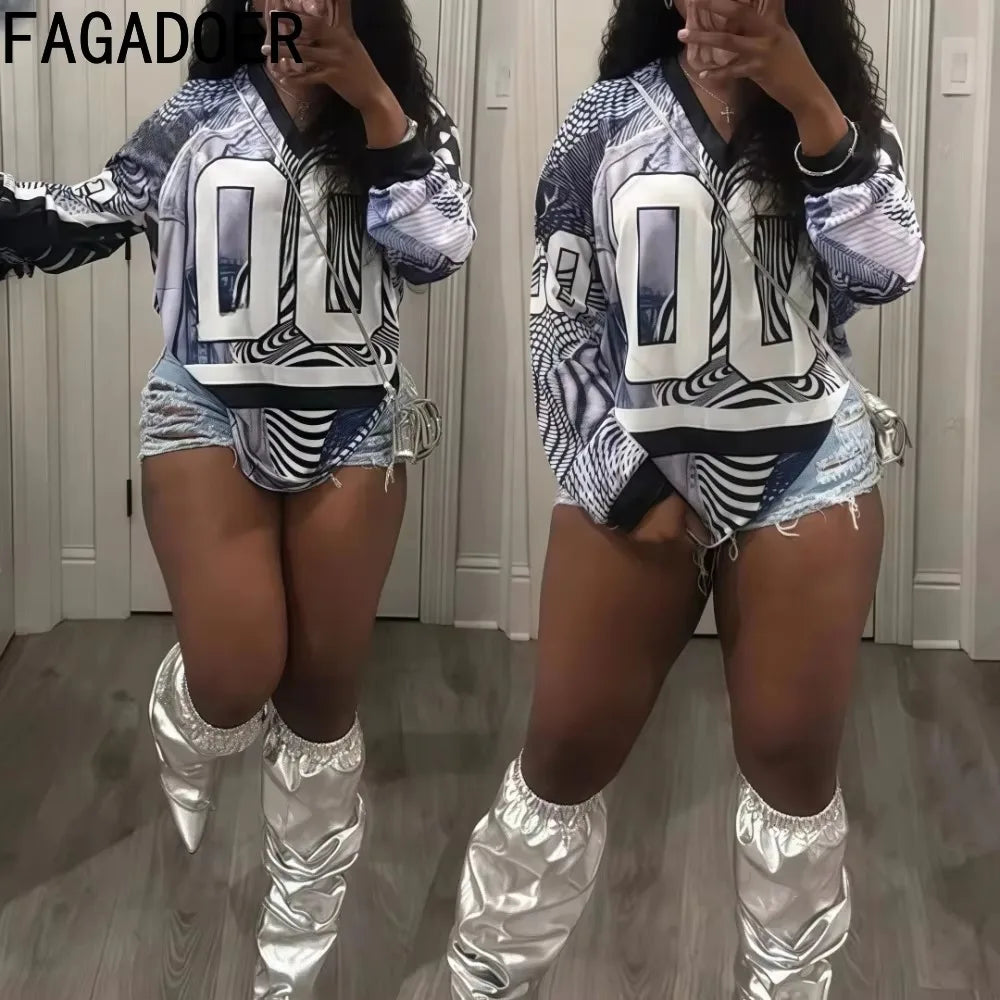 FAGADOER New Spring 2025 Fashion Letter Print T Shirt Women Long Sleeves V Neck Loose Tshirt Casual Female Streetwear Clothing