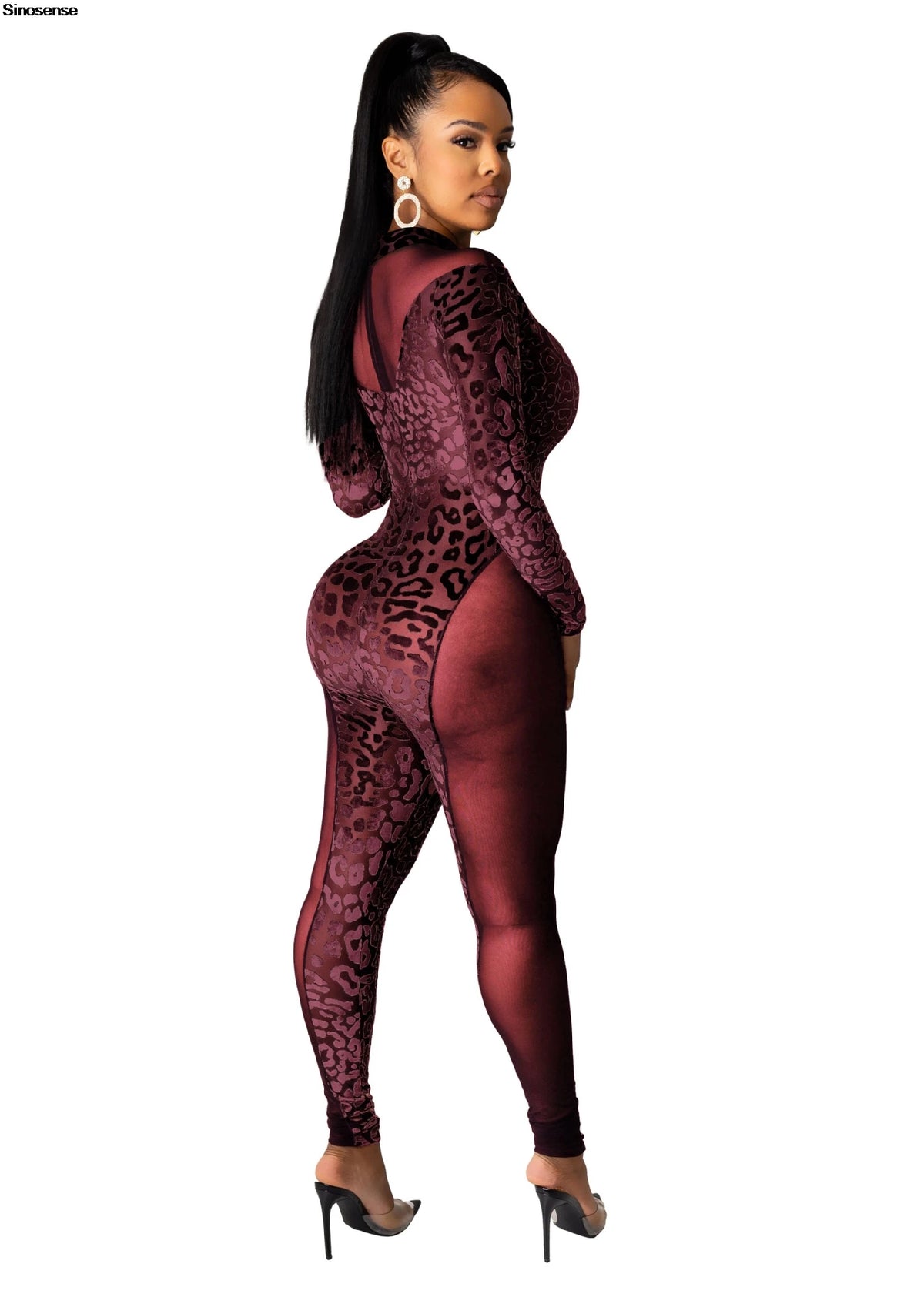 Sheer Leopard Mesh Jumpsuit With Long Sleeves for Women