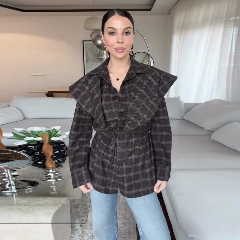 Elegant Plaid Patchwork Long Sleeve Shirt for Women