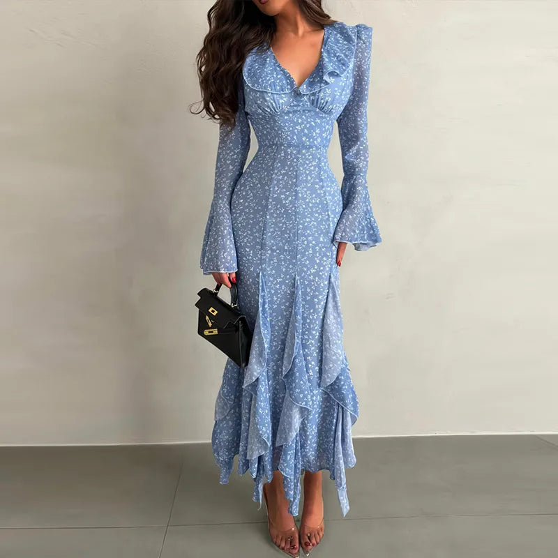 Printed V Neck Ruffle Sleeve Mid Calf Dress for Women