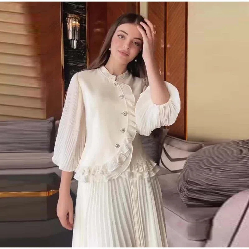 Ruffle Lantern Sleeve Top and Pleated Skirt Set for Women