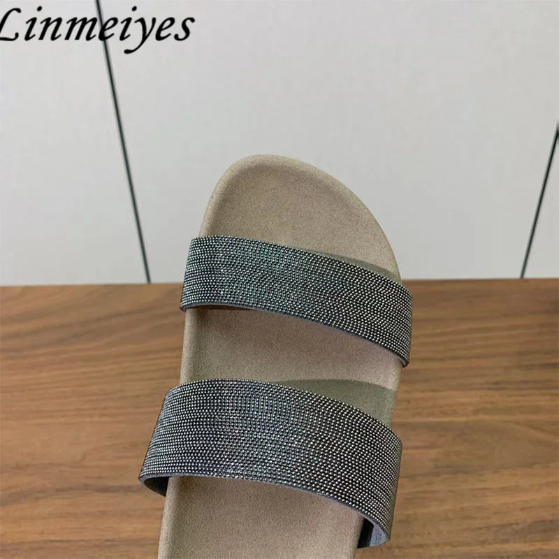 Cow Suede Bead Chain Narrow Strap Slippers for Women