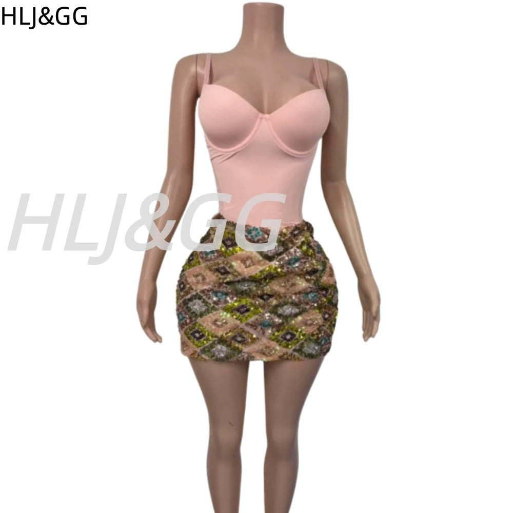 Glam Sequin Mini Skirt Set With Spaghetti Strap V Neck Bodysuit for Women
