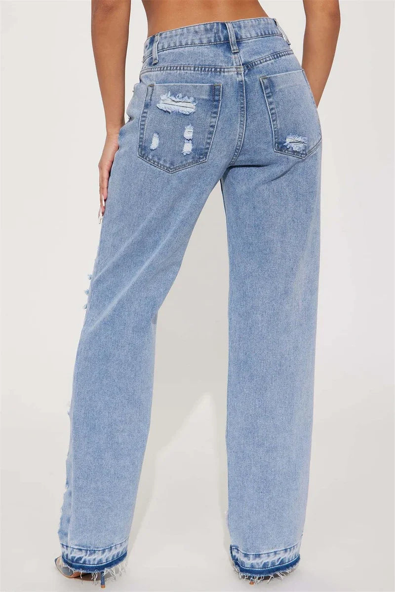 High Waist Ripped Straight Leg Summer Jeans for Women