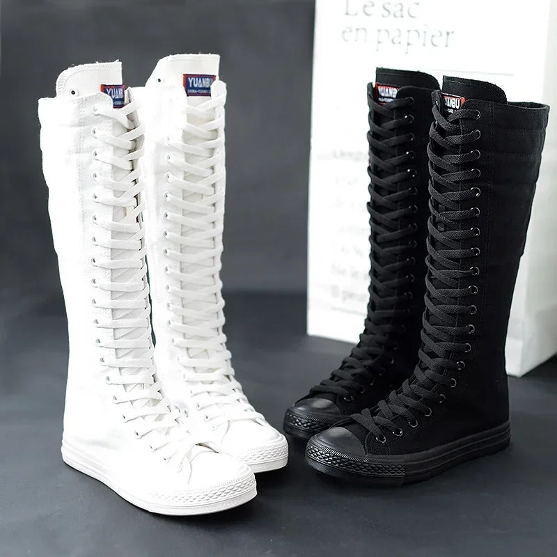 Casual Lace-Up Canvas Mid-Calf Flat Boots for Women
