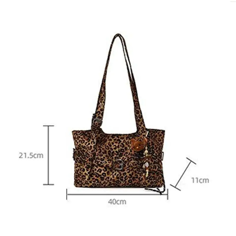 Fashion Versatile Leopard Print Tote Bag Women Large-capacity Canvas Shoulder Bag Work Commuting Relaxing Handbag With Pendant