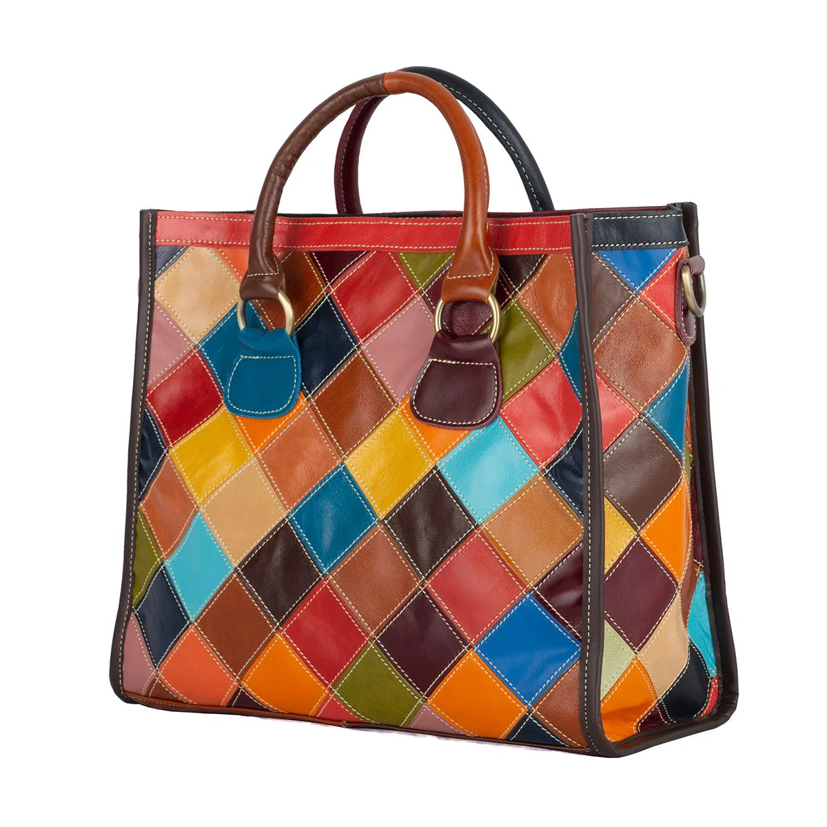 Genuine leather women's bag, ethnic style color contrasting design, large capacity tote bag, women's handbag