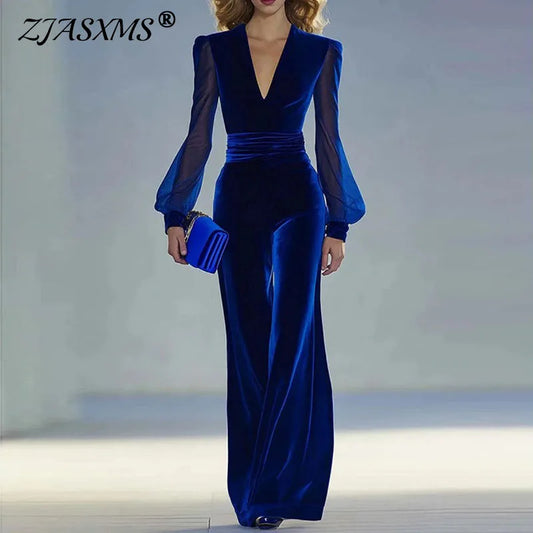 2026 Spring Sexy Deep V Neck Velvet Jumpsuit Woman Solid High Wait One Piece Office Romper Fall Mesh Long Sleeve Hollow Overalls