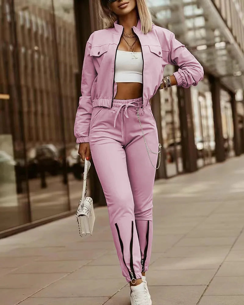 Zipper Long Sleeve Top And Drawstring Pants Set for Women