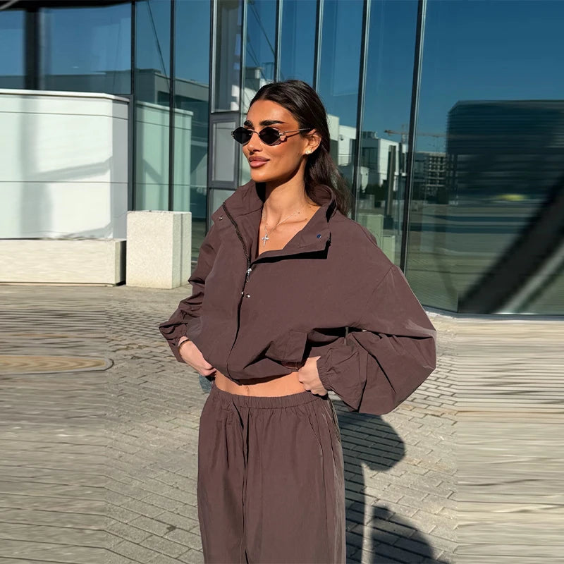 Solid Loose Suit Set with Stand Collar Crop Top and Drawstring Pants for Women
