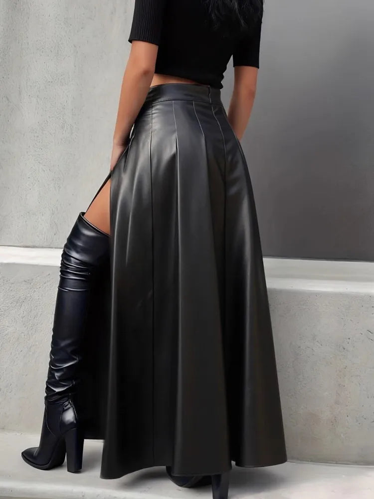 PU Leather Skirt New Style Fashion Large Slit Leather Skirt Mid-length Irregular Long Skirt Autumn Black Casual Holiday Skirts