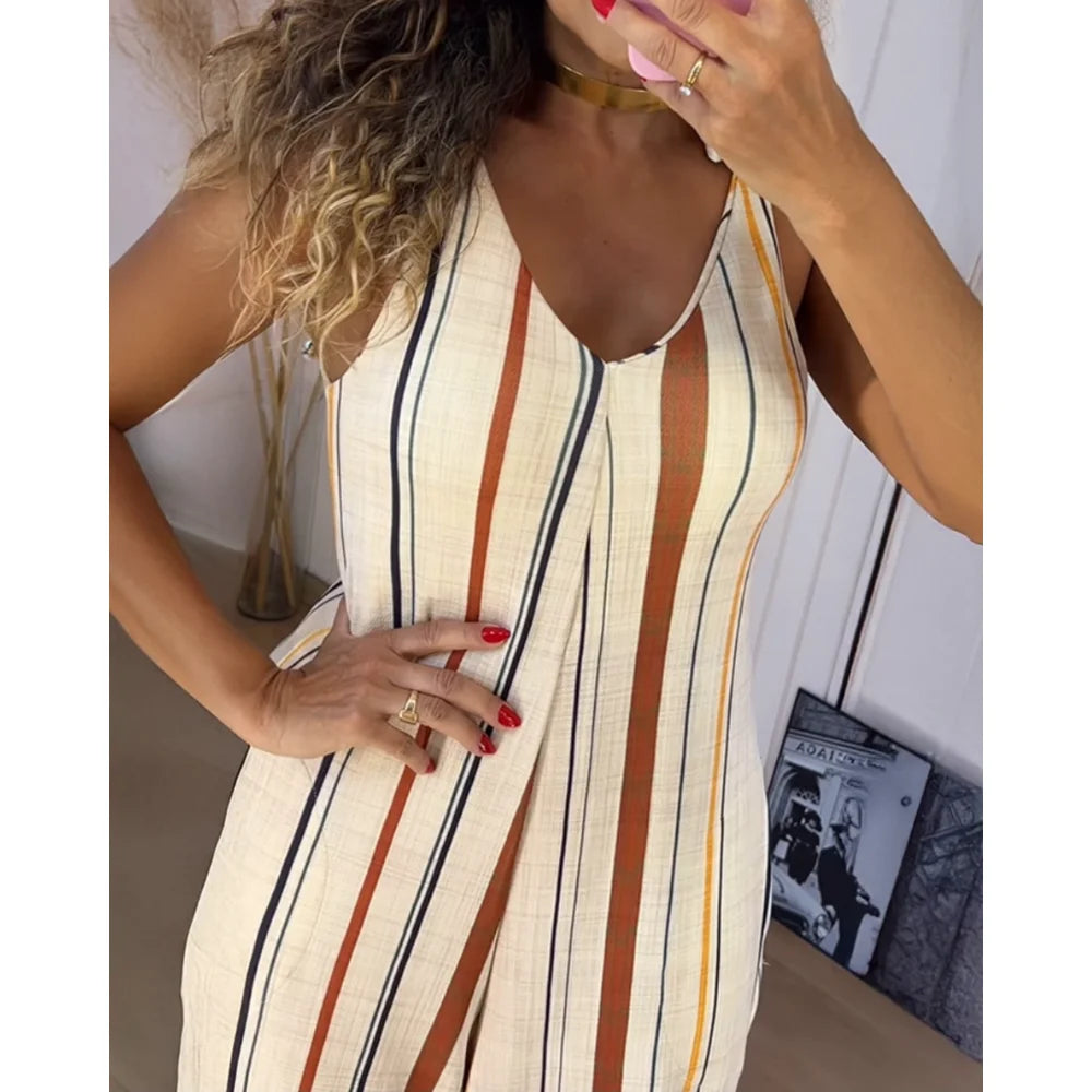 Women'S Striped Print V Neck Shoulder Lace Up Sleeveless Jumpsuit Casual Pocket Design Zipper Wide Leg Romper Summer Outfits