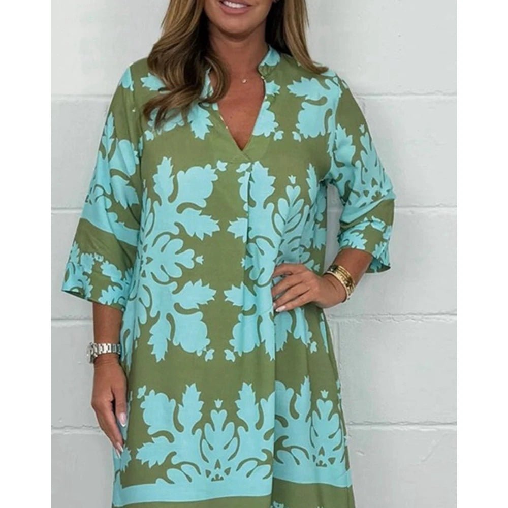 Summer Floral Dress for Women V Neck Three Quarter Sleeve A-Line Loose Midi Dress for Party Evening Gown Vestidos Elegantes