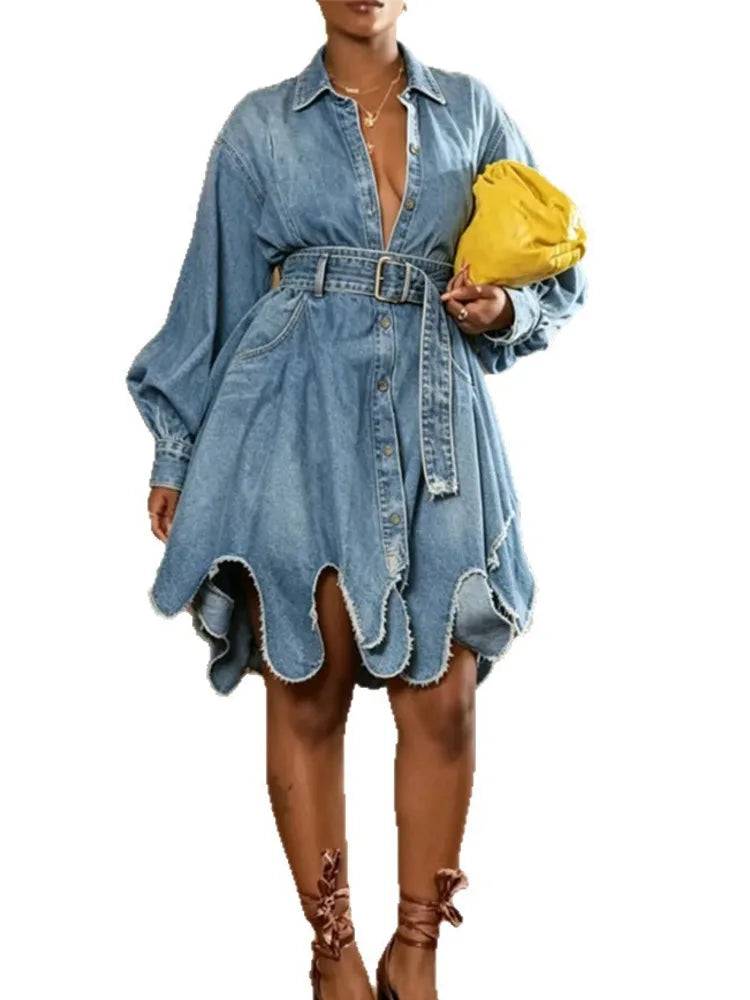 Belted Ruffle Hem Shirt Dress