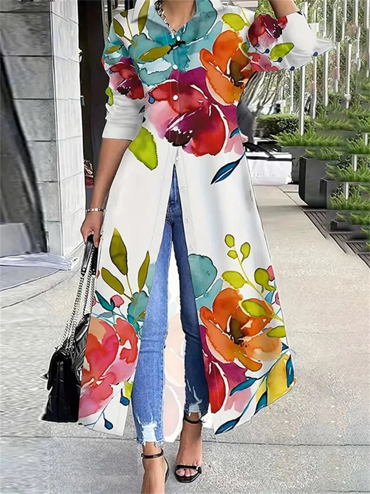 2026 New Spring Elegant Colorful Floral Printed Long Shirt Dress Women Long Sleeves Loose Casual Going Out Vacation Maxi Dresses