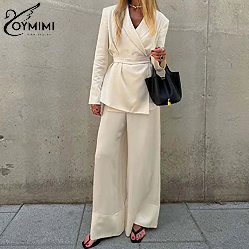 Oymimi Elegant Apricot 2 Piece Sets Women Outfit Fashion Long Sleeve Lace-Up Shirts And High Waist Straight Simple Trousers Sets