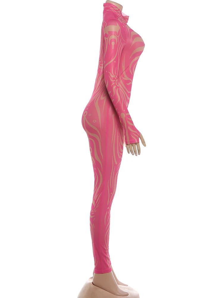Striped Stretch Turtleneck Long Sleeve Jumpsuit for Women