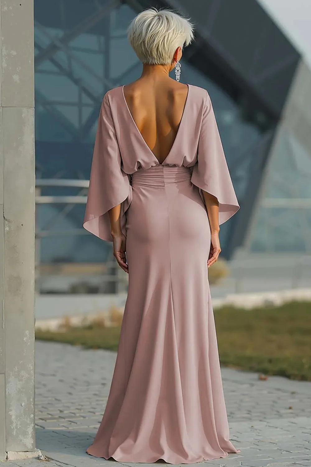 Satin Backless Ruched Evening Gown