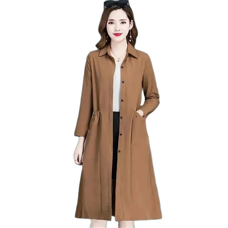 Fashion Windbreaker Women's Mid-Length And Thin Spring Summer Autumn Big Pocket Coat Female Popular Temperament Mother Jacket5XL