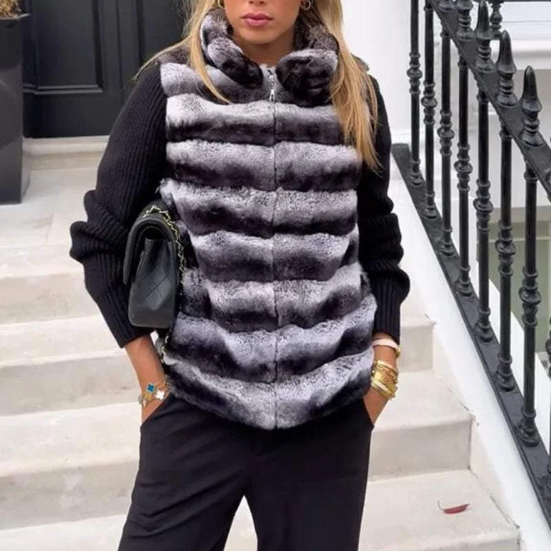 Faux Fur Patchwork Knit Coat With High Collar for Women
