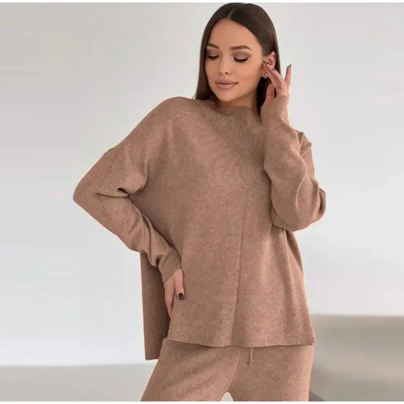 Solid Turtleneck Sweatshirt Set With Wide Leg Pants for Women