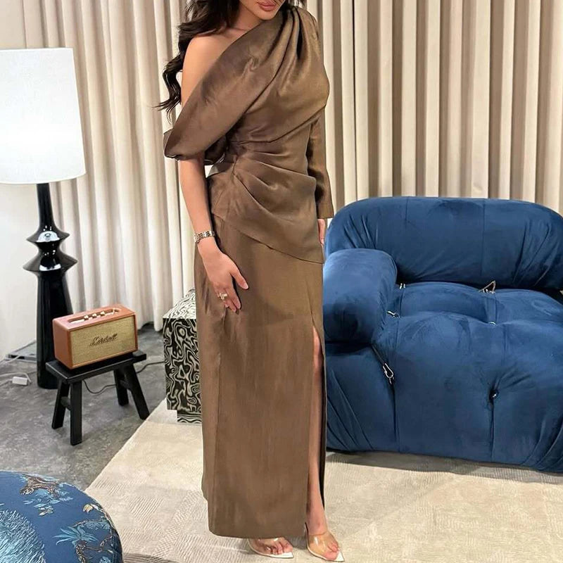 Unique Solid Hollow Off Shoulder Evening Dress New Autumn Long Sleeved Women Banquet Dress Casual High Waist Split A-line Dress