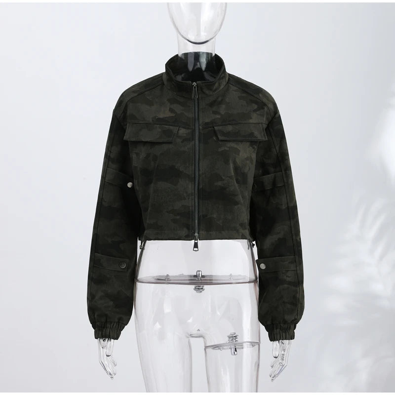 Y2K Camouflage Cropped Zip Jacket With Stand Collar for Women
