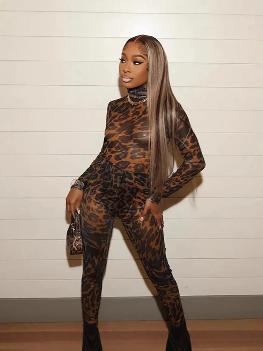 Leopard Print Mesh Flowy Long Sleeve Jumpsuit for Women