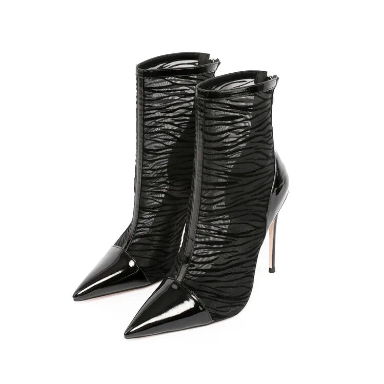 Elegant Black Mesh Stiletto Ankle Boots With Pointy Toe Rear Zipper For Women