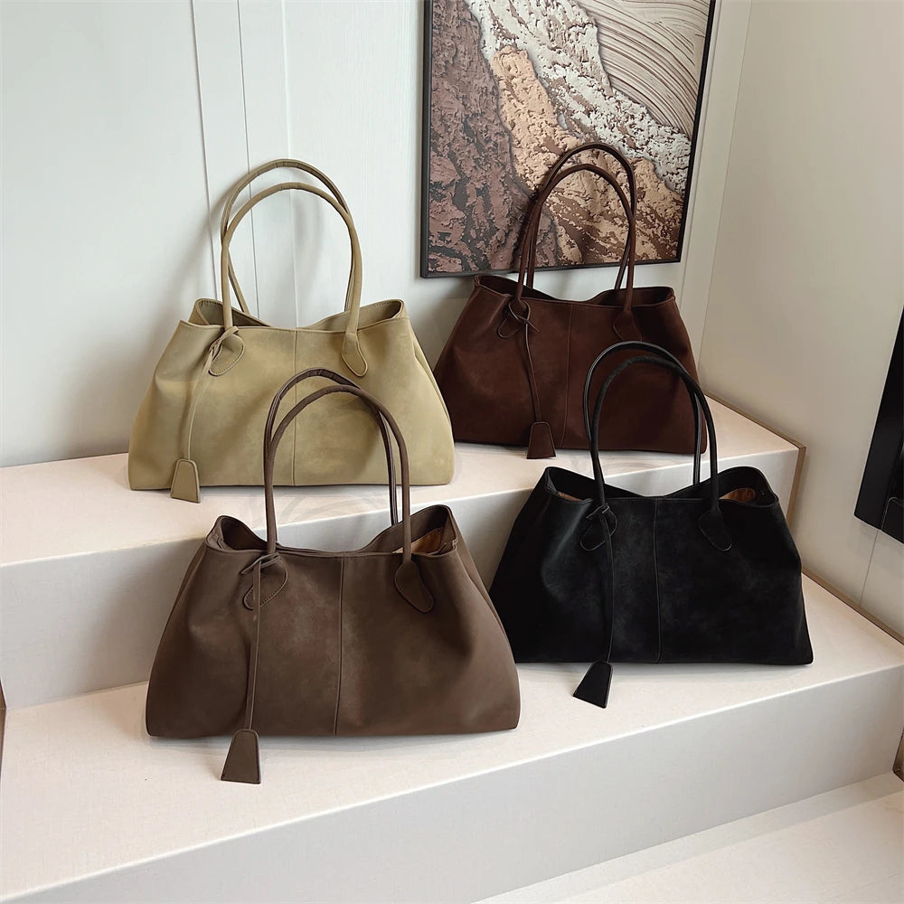 Luxurious Faux Suede Pure Color Retro Shoulder Tote Bag for Women