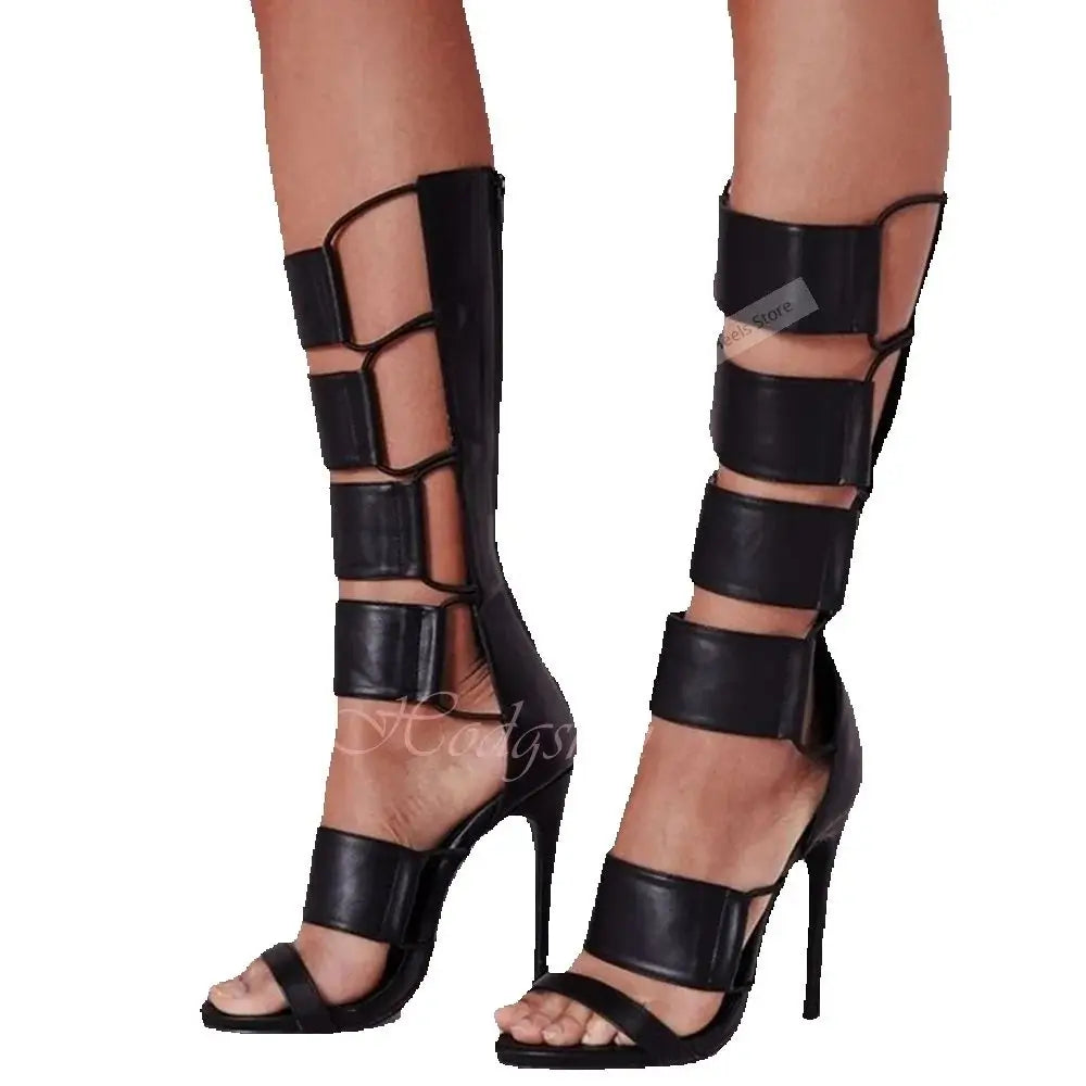 Knee High Cutout Strappy Leather Boots With Stiletto Heels for Women