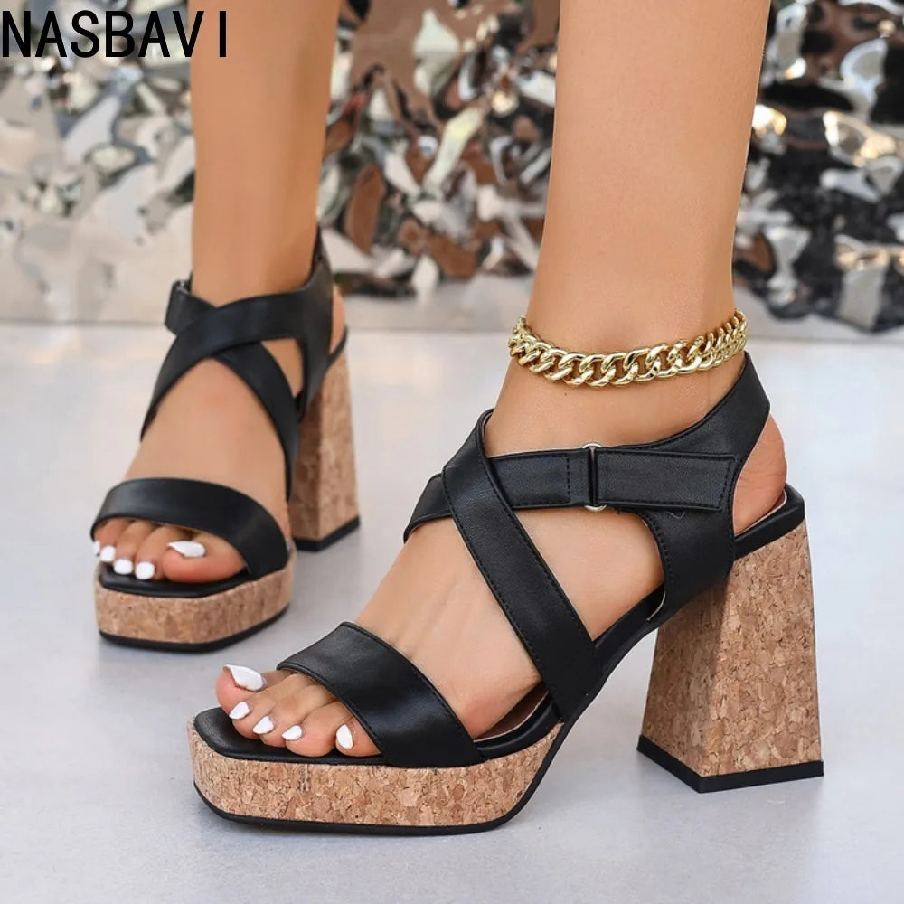 Brown Chunky Heel Platform Sandals