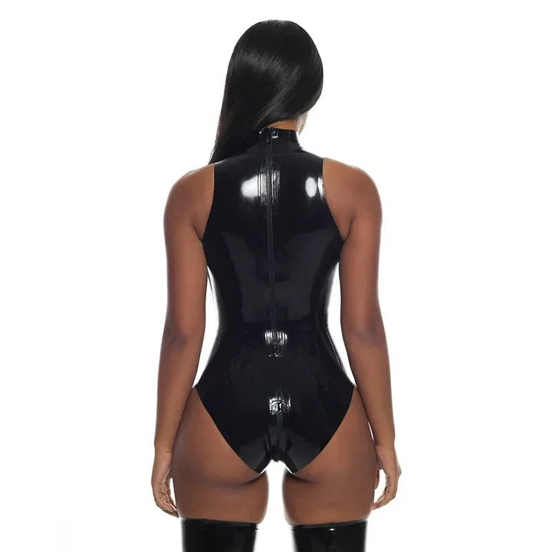 Classic High Neck Sleeveless Wet Look Bodysuit For Women