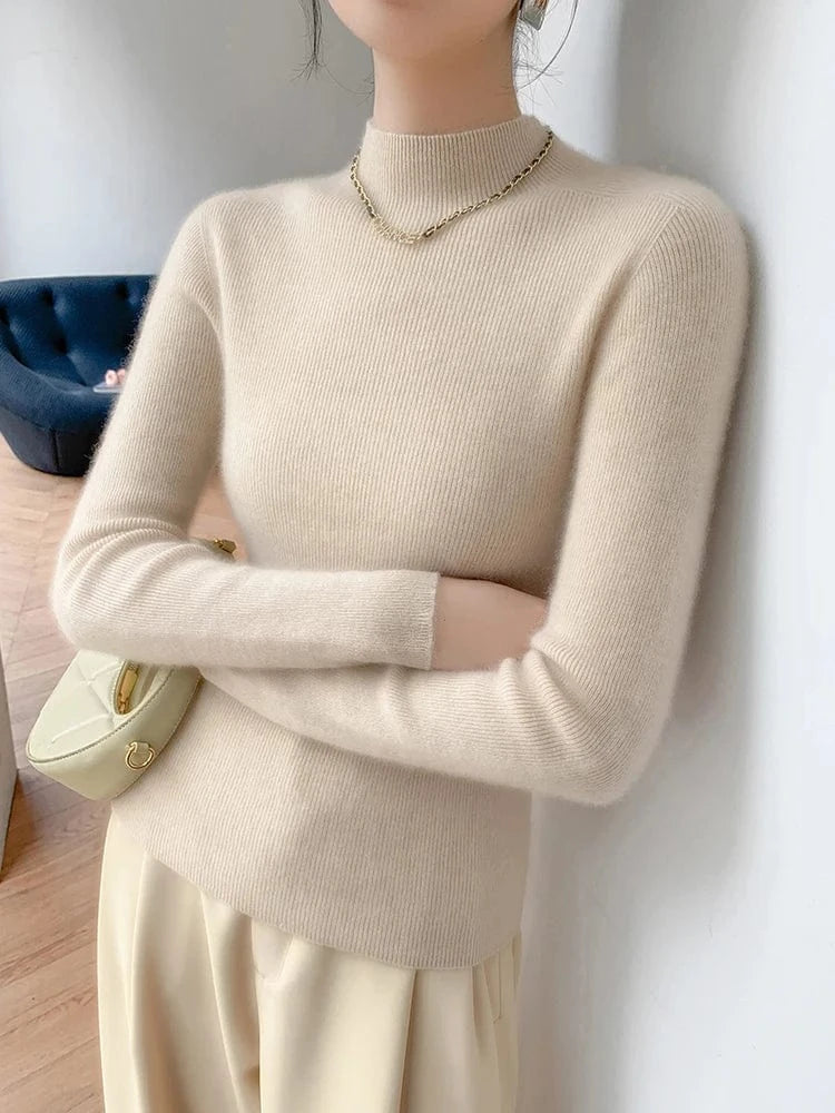 Women 100% Cashmere Sweater Mock Neck Pullover Autumn Winter Slim Basic Cashmere Knitwear Soft Warm High Strecth Pullover Tops
