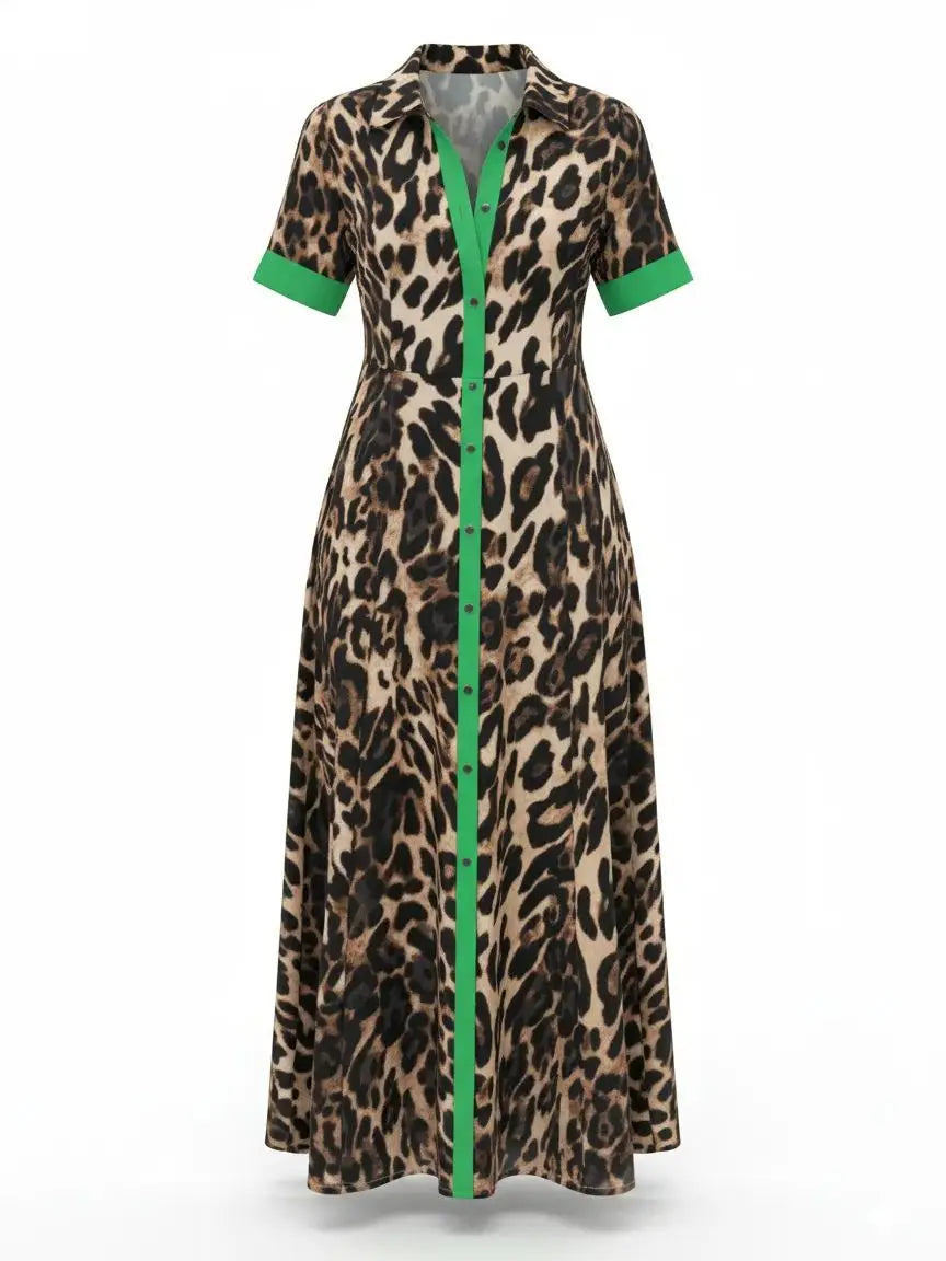 UOOZEE Women's Fashion Leopard Printed Lapel Shirts Dress Loose Short Sleeves Buttoned Elegant Party Evening Maxi Dresses