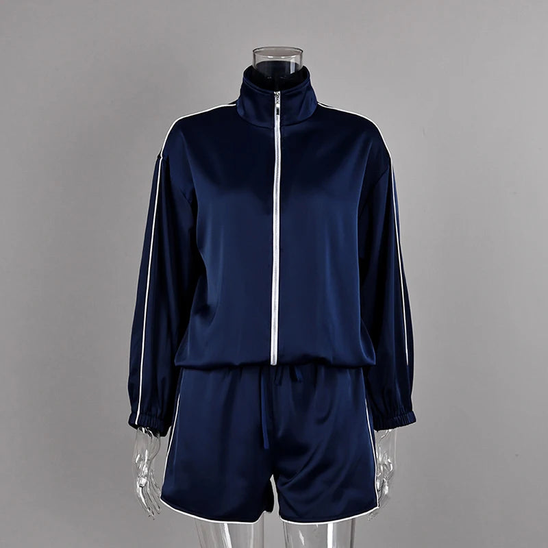 Relaxed Fit Casual Solid Coat Shorts Set for Women